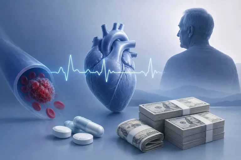 Illustration for an apixaban Medicare spending article by Peter Abilla.